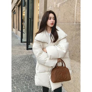 設計感大翻領米白色羽絨服女2025冬季新款小個子寬松白鴨絨厚外套