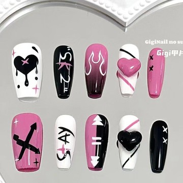 🎀台灣出貨🎀海棠甄品手工定制穿戴甲黑粉手繪愛心straykids應援甲爆款千禧甲