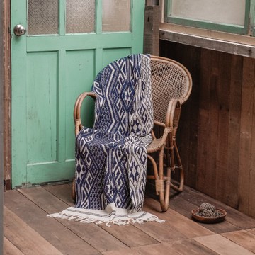 YOUNGA｜日川 植物染手織紋飾天然棉雙面毯 - 海藍