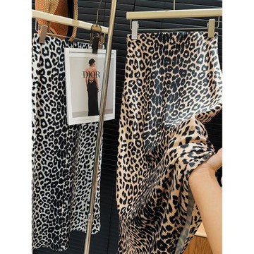 美式復古豹紋半身裙女高級感醋酸緞面中長款顯瘦絲滑包臀魚尾長裙