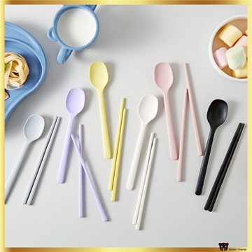 EASYSILI 方形矽膠兒童甜點勺筷套裝6色 | 不含 BPA 的軟矽膠耐熱嬰兒餐具