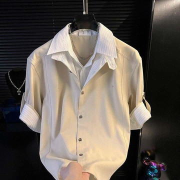 【夏季上新】老錢風方領條紋拼接短袖襯衫男士夏季新款修身休閒風五分襯衣