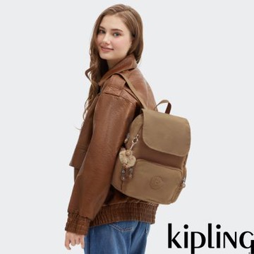 『猴子包』Kipling 棕褐色掀蓋拉鍊後背包-CITY ZIP S
