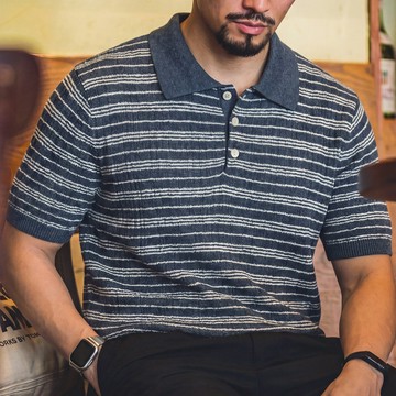 Wuluwear 夏季老錢風條紋POLO衫男萊賽爾混紡透氣針織短袖寬鬆商務通勤上衣