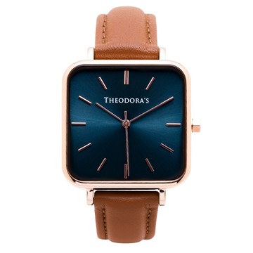 Hebe 簡約方形真皮腕錶 方形湖水綠-真皮橘棕