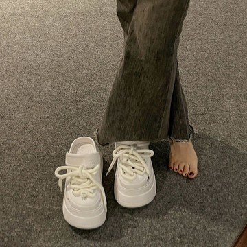現款免運 洞洞鞋 增高洞洞鞋 厚底洞洞鞋 百搭ins風綁帶洞洞鞋女厚底增高7cm涼拖女夏外穿新款包頭涼鞋G