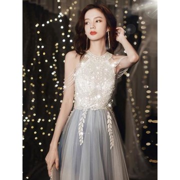 掛脖亮色蓬蓬紗裙串珠夜店酒吧ktv主持人車模特走秀演出晚禮服長