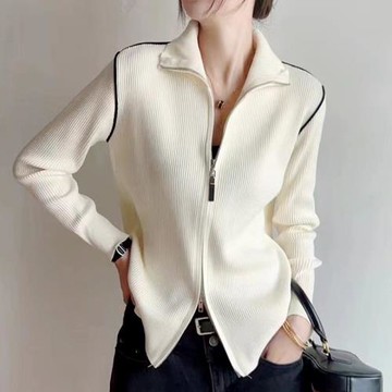 洋氣顯瘦包條拼色毛衣外套女春秋新款通勤百搭雙拉鏈翻領針織開衫