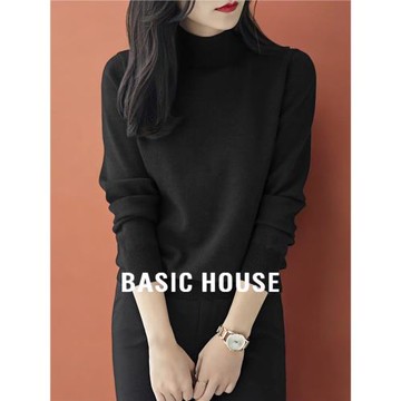 Basic House/百家好黑色半高領加絨毛衣女士冬季配大衣針織打底衫