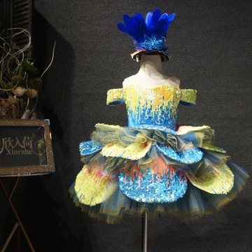 兒童一字肩藍黃色漸變亮片短款禮服女童主持鋼琴表演演出服