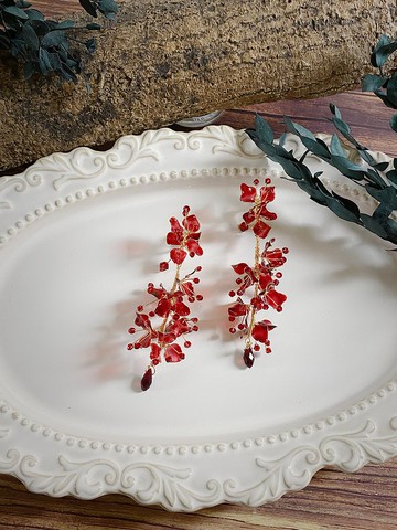 花團錦簇 水晶樹酯花多變化耳環 -透酒紅