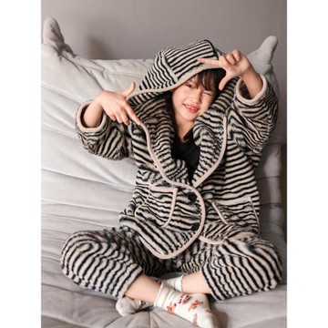 貝妍珊瑚絨兒童冬季睡衣女童條紋加厚保暖法蘭絨連帽家居服套裝男