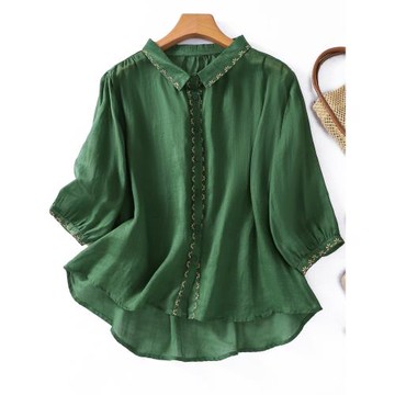 文藝大碼純色刺繡棉麻襯衫女士夏季遮肉顯瘦減齡媽媽薄款亞麻上衣