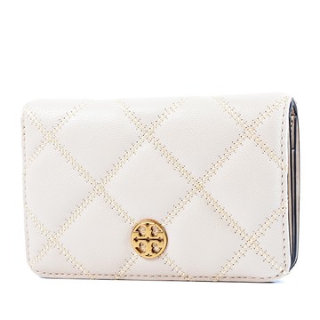 TORY BURCH Willa 菱格紋皮革釦式中夾-奶油白
