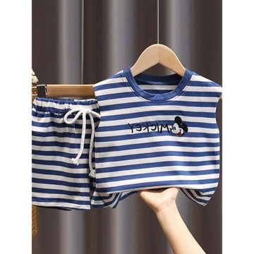 兒童夏季寶寶背心套裝 男童小童洋氣兩件套嬰兒帥氣無袖薄款衣服