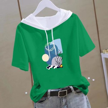 純棉拼接連帽短袖T恤女士2025春秋新款時尚印花寬松大碼體恤上衣