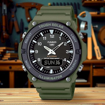 CASIO 卡西歐 學生錶 太陽能雙顯電子錶 1212購物節 送禮推薦-軍綠色 AQ-S820W-3BV