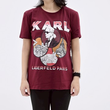 KARL LAGERFELD 卡爾老佛爺巴黎地標印花棉質短T恤.酒紅
