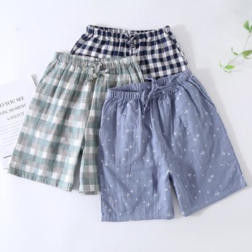 純棉紗布睡褲男短褲夏季日系格子青年大褲衩五分褲沙灘褲薄款寬松