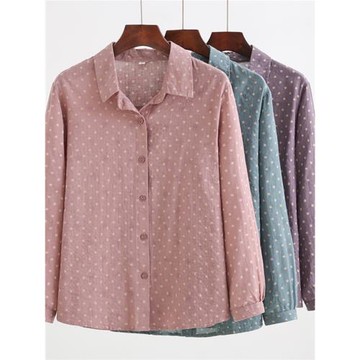 中老人純棉波點襯衫老太太夏季薄款長袖打底衫媽媽夏裝圓點子上衣