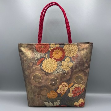 【內附底板】和服 腰帶 腰帶繩 手工托特包 再造 金色 花紋 六通柄袋帯 正絹