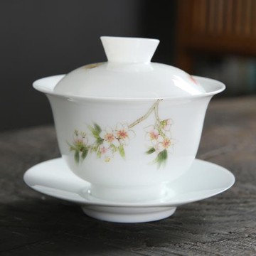 蓋碗泡茶杯單個大號茶碗帶蓋薄胎碗高白瓷三才杯手繪陶瓷茶具蓋碗