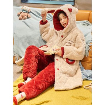三層夾棉睡衣女冬季加厚加絨珊瑚絨保暖2025年新款冬天家居服套裝