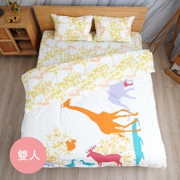 日本西村 Westy - [全幅織布裁切] 北歐夢幻森林長頸鹿-標準雙人床包4件組-黃絲絨-雙人款4件組-黃絲絨 (1...