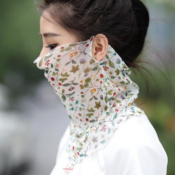 夏季掛耳防曬面紗真絲圍脖套絲巾女蠶絲薄款遮臉全臉護頸脖巾脖子