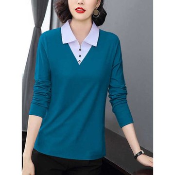 純棉撞色翻領長袖t恤女春秋2025新款時尚洋氣polo衫寬松顯瘦上衣