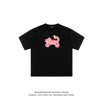 悟空有貨夏季潮牌毛巾繡可愛圓領短袖T恤男寬松情侶純棉百搭體恤