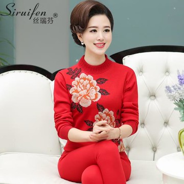 針織衫中老年冬季保暖內衣女加絨加厚棉毛套裝秋衣秋褲大紅本命年