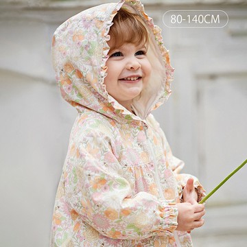 Dave&Bella 粉橘碎花荷葉邊連帽外套