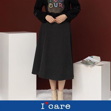 現貨【Icare 依卡】灰色切接素雅傘襬圓裙（F）｜中長裙 圓裙 冬天長裙