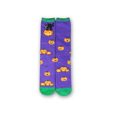 【WAJI】 萬聖節主題襪 半統襪-紫/綠色南瓜+貓 台灣製造 兒童款 襪子 童襪 棉質