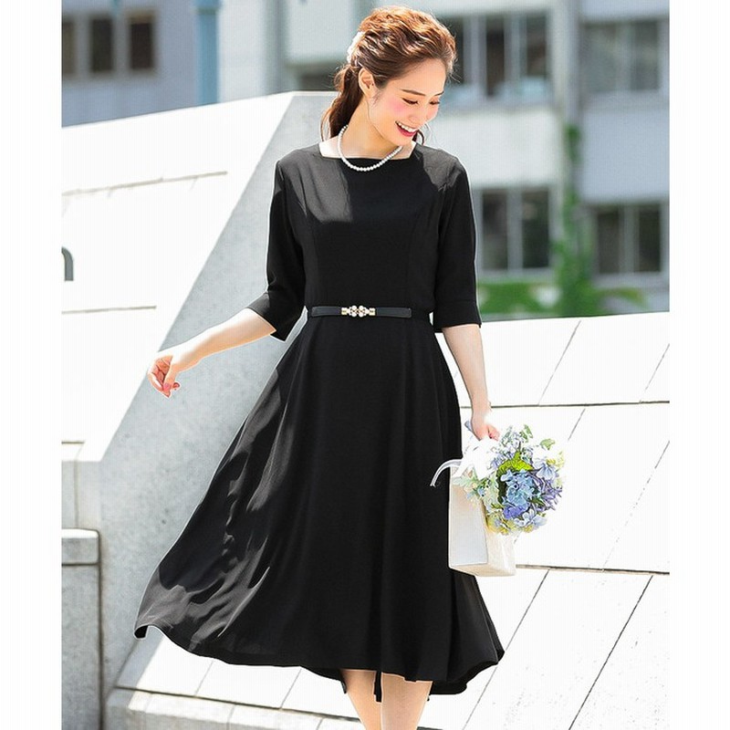 Fashion Letter 結婚式 ドレスワンピース オケージョンワンピース パーティードレス ハイウエスト ベルト付 謝恩会 膝丈 パーティ フォーマル 七分袖 母 ママ 二次会 女子会 お呼ばれ M L Xl 大きいサイズ ネイビー ブラック ピンク 30代 40代 50代 ブルー M レディース 通販