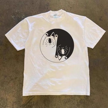 國潮萌趣風太極貓咪印花短袖T恤男女學生校園款oversize半截袖tee