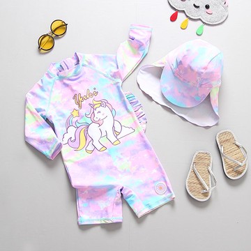 女寶防曬長袖連身泳裝套裝(附帽子)-萌萌獨角獸-紫色
