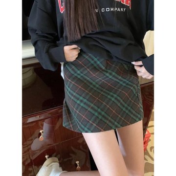 配衛衣格紋半身裙秋款大碼a字英倫風復古格子毛呢短裙女冬款裙子