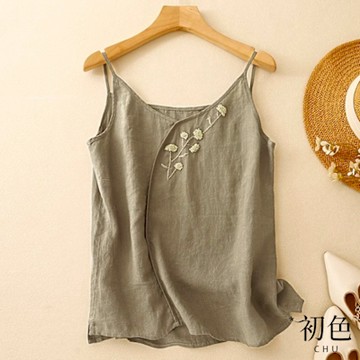 初色 復古棉麻風圓領無袖細肩吊帶繡花刺繡輕薄上衣女背心-共2色-12399(M-4XL可選)
