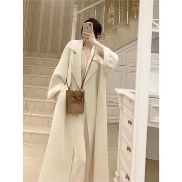 白色雙面羊毛大衣女中長款2025秋冬流行新款赫本風高級感毛呢外套