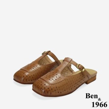 Ben&1966高級頭層打蠟羊皮沖孔復古穆勒鞋-太妃糖棕(256341)