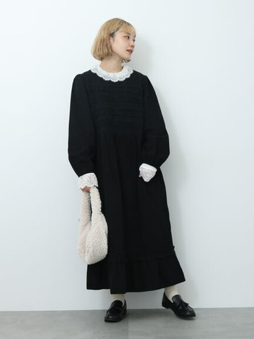 荷葉摺邊拼接壓摺純棉長袖洋裝(FF37L0H0480) - ehka sopo