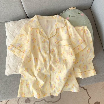 夏季睡衣女  短袖短褲學生宿舍輕鬆熊雲朵綿甜美少女家居服套裝潮  WHf