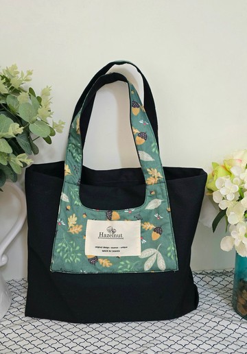 北歐風格黑色帆布綠色花圖案手提包全棉帆布肩背包側背包