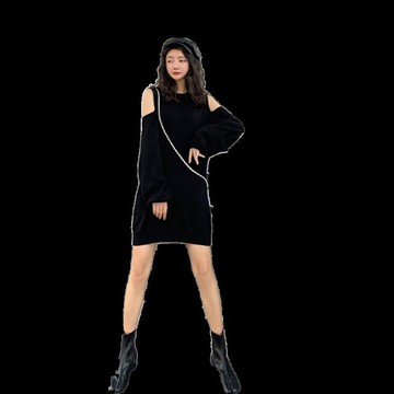 露肩長袖毛衣裙女秋冬季新款慵懶風寬松顯瘦小個子中長款針織裙子