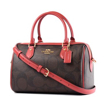 COACH 配色大C防刮皮革手提/斜背二用波士頓包-咖啡紅