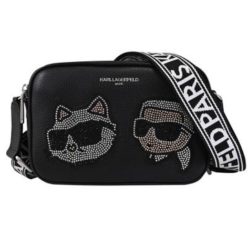 KARL LAGERFELD 水鑽卡爾貓咪圖樣雙層斜背相機包(黑)