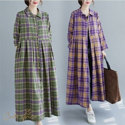 ロングワンピース シャツワンピース ロングカーディガン レディース 綿麻混風 長袖 チェック ライトコート 大きいサイズ ゆったり 着痩せ 秋 冬 通販 Lineポイント最大get Lineショッピング