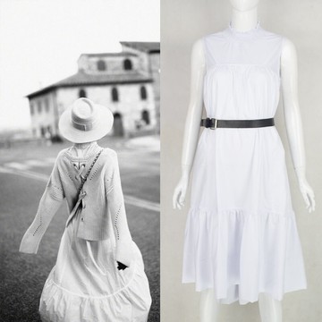 唐藝昕寫真同款米白色鏤空綁帶毛衣針織衫高腰連衣裙A字裙大擺裙